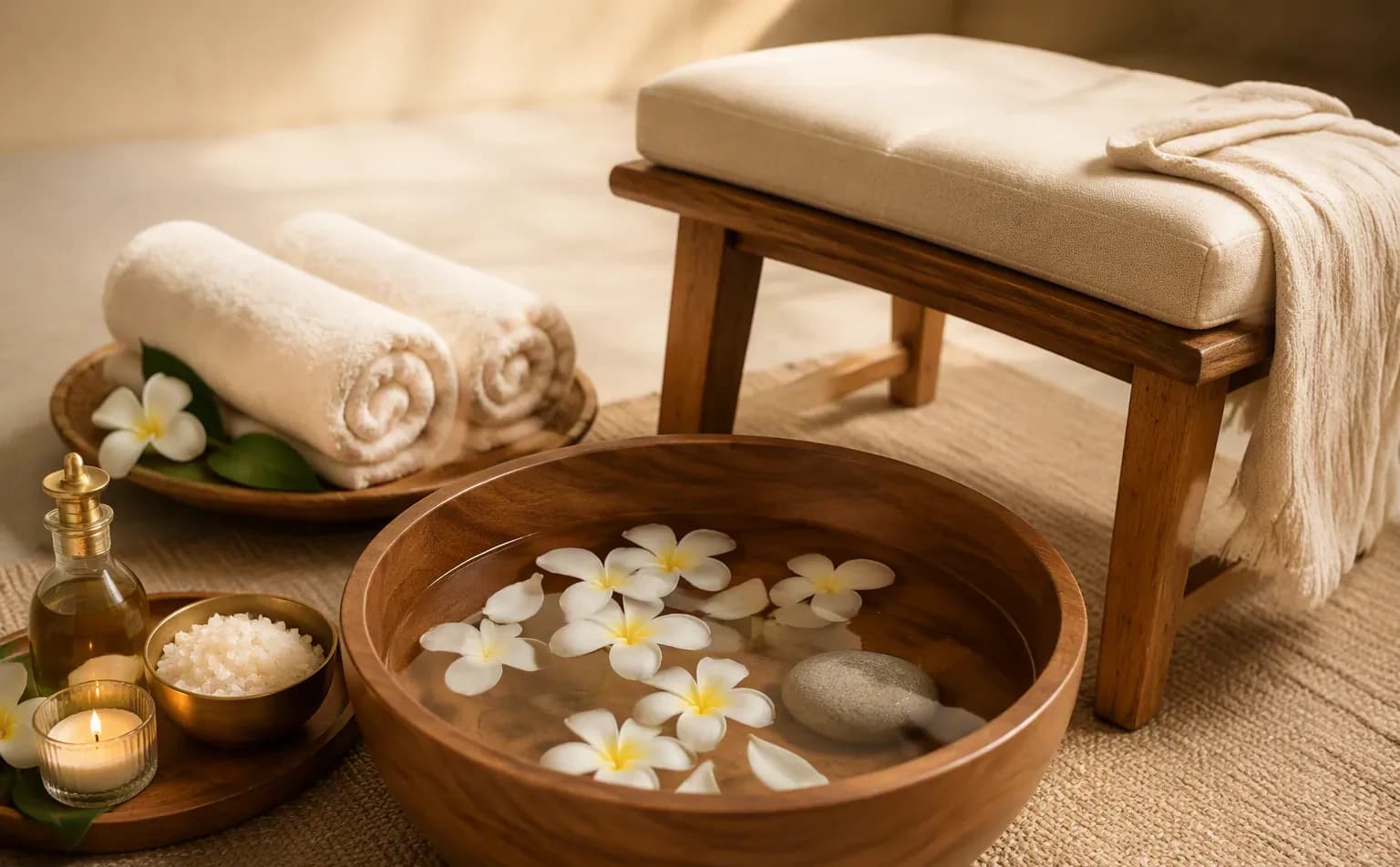 A wooden bowl of water with frangipani flowers beside rolled towels and a footrest
