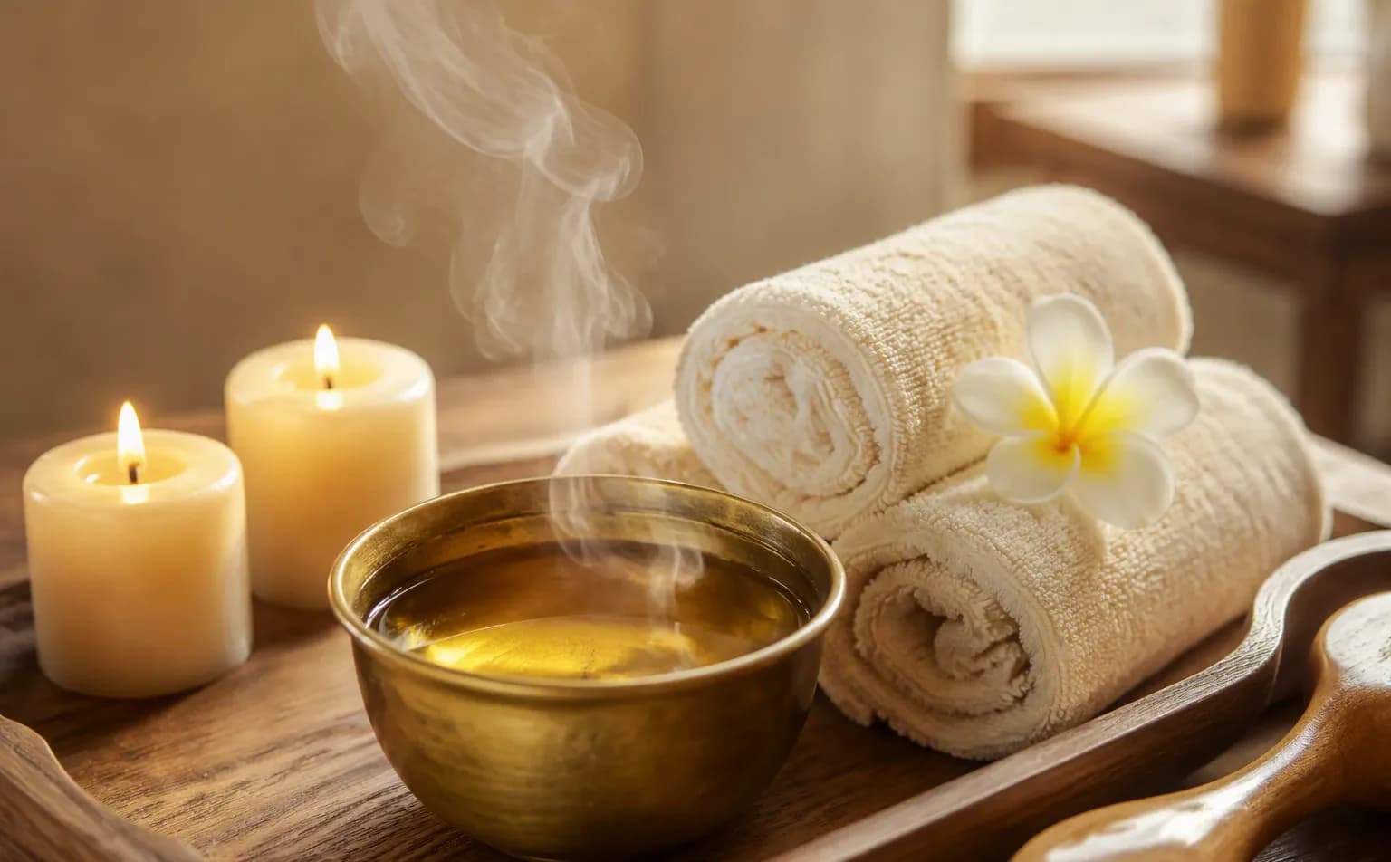 A brass bowl of warm oil steaming beside lit candles, rolled towels and a frangipani flower