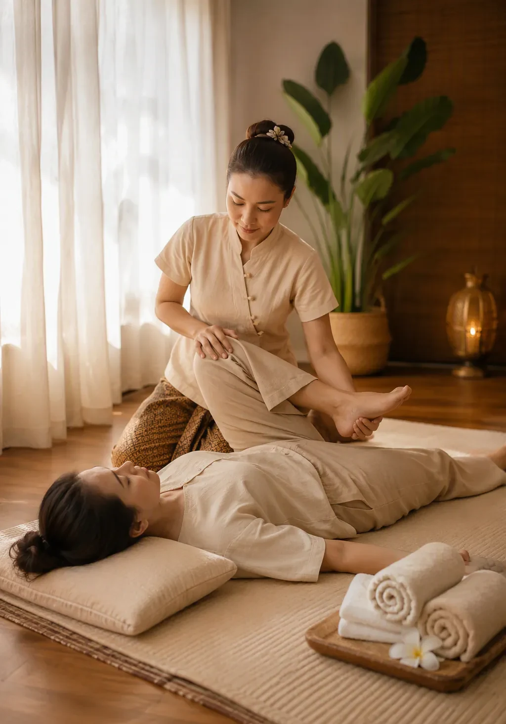 A therapist stretching a guest’s leg during a Thai massage on a floor mat