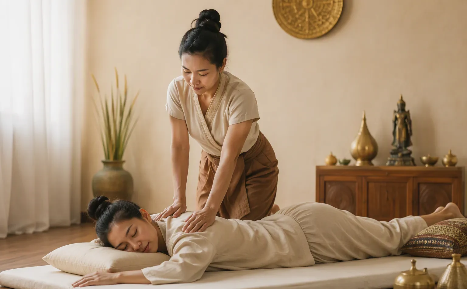A therapist working along the back of a clothed guest lying on a floor mat